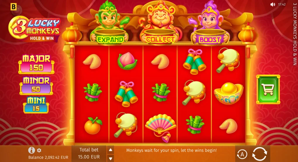 3 Lucky Monkeys Hold & Win med fem hjul, myntsymboler og de tre funksjonene Expand, Collect og Boost over spillefeltet.