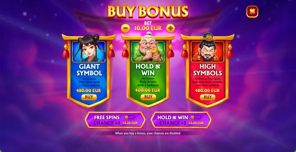 Fortune Trio-bonusmeny med Giant Symbol og High Symbols til 480 euro og Hold and Win til 400 euro ved ti euro grunninnsats.