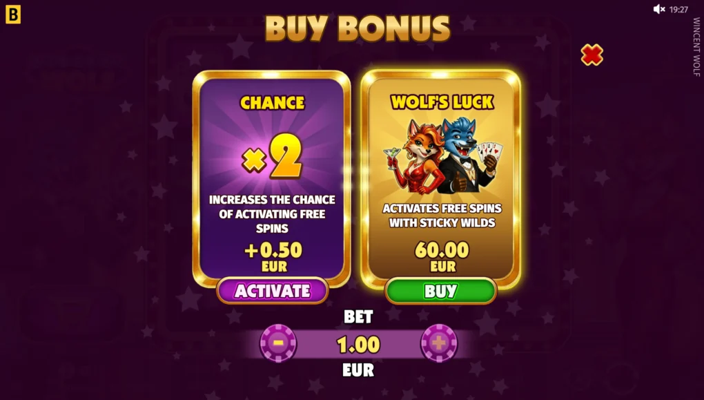 Wincent Wolfs kjøpsmeny med Wolf’s Luck til 60 euro og Chance ×2 med et tillegg på 0,50 euro ved én euro i grunninnsats.