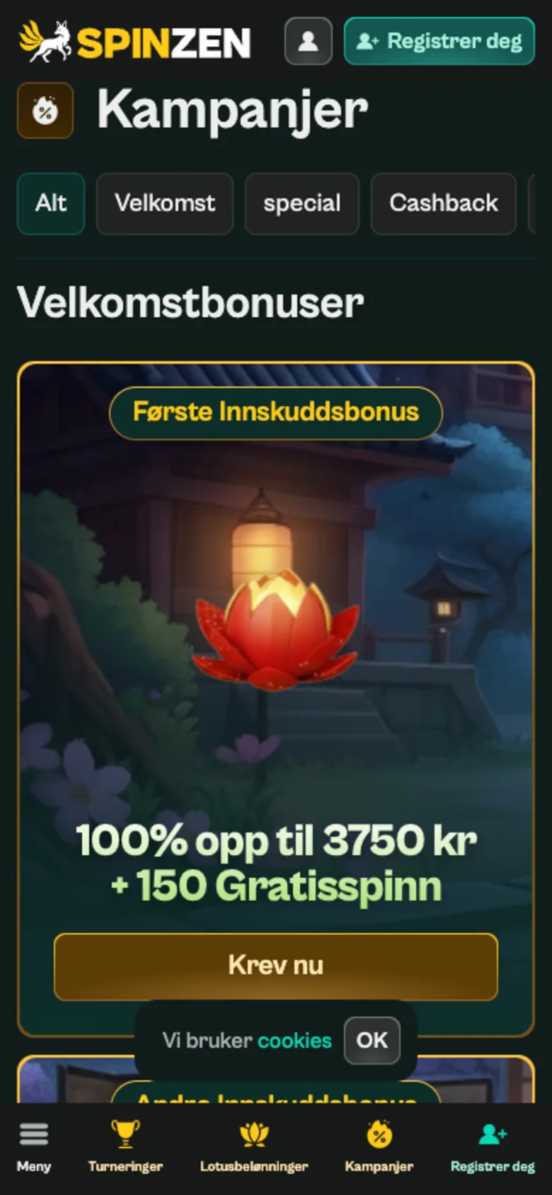 Spinzen bonuspakke på mobil