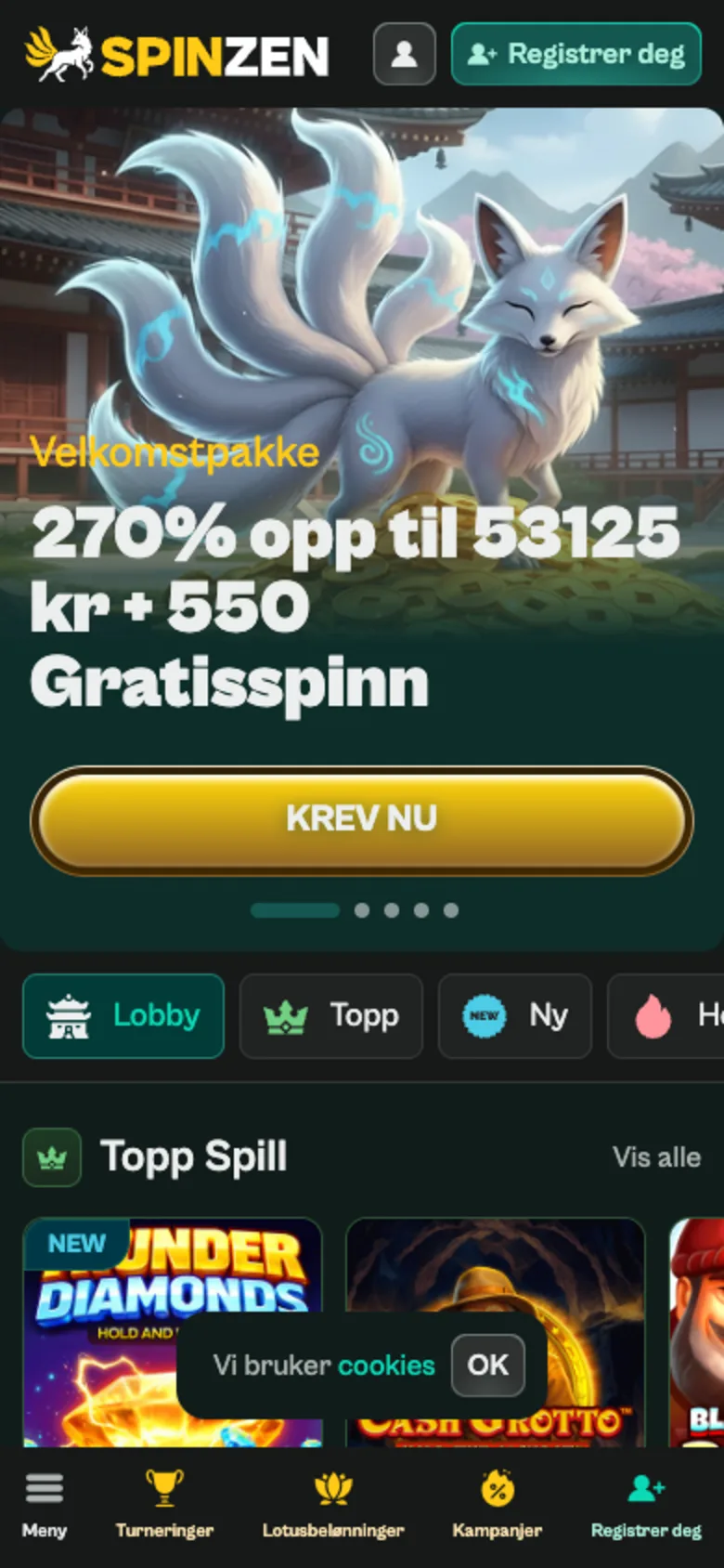 Spinzen mobilforside med norsk velkomstpakke