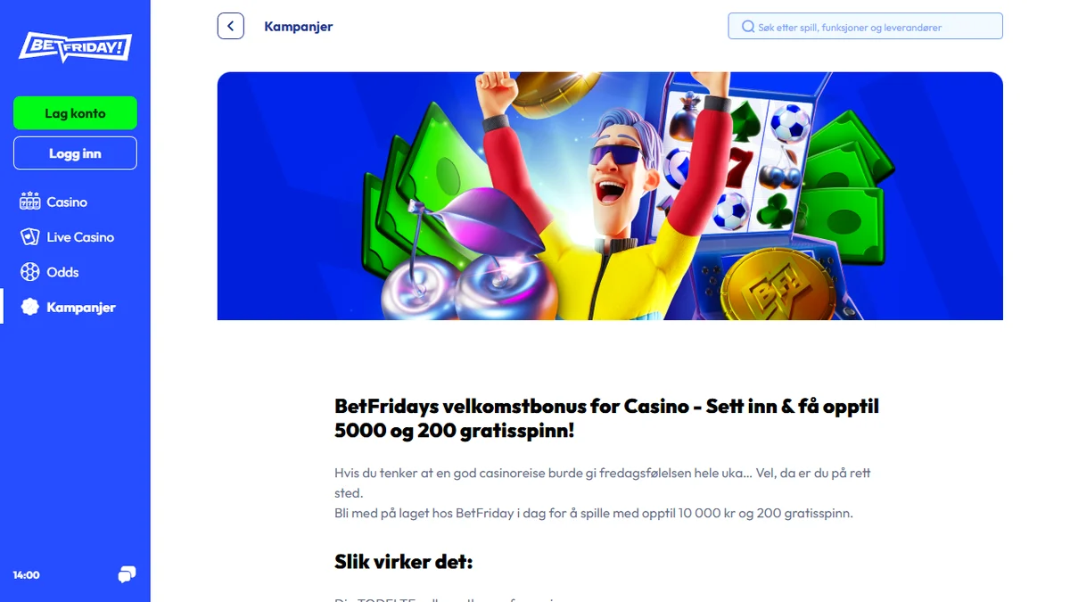 BetFriday casino velkomstbonus med 100 prosent no-sticky opptil 5000 kr