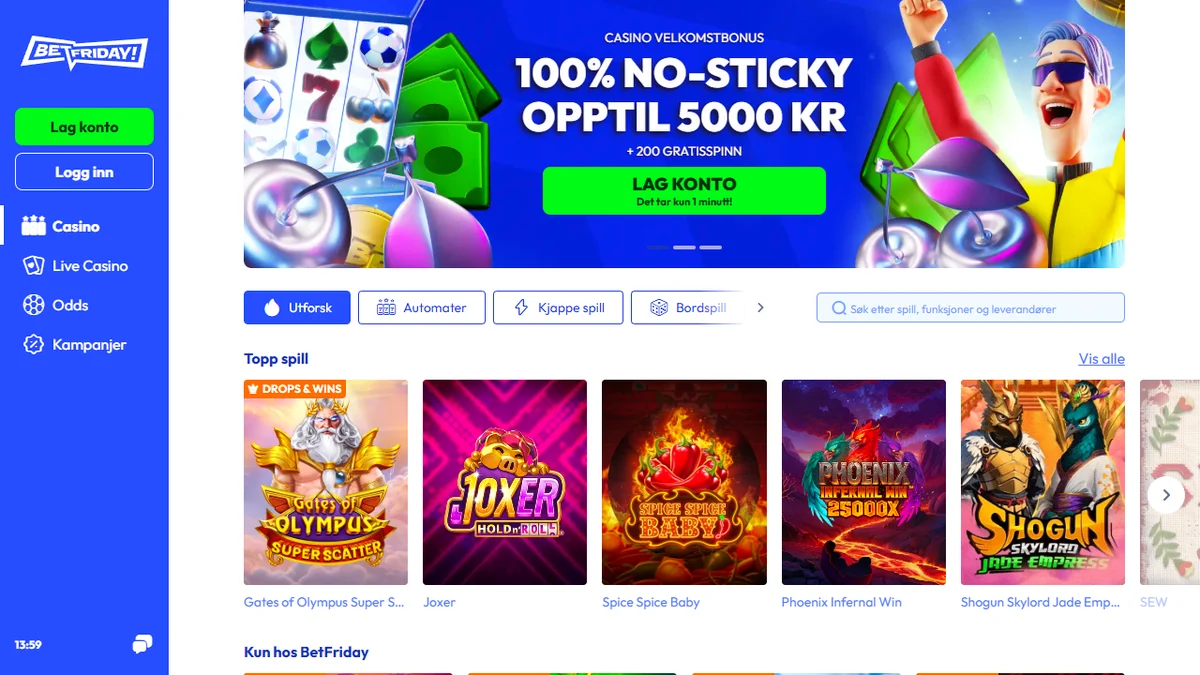 BetFriday casino med no-sticky bonus og jackpotspill for norske spillere