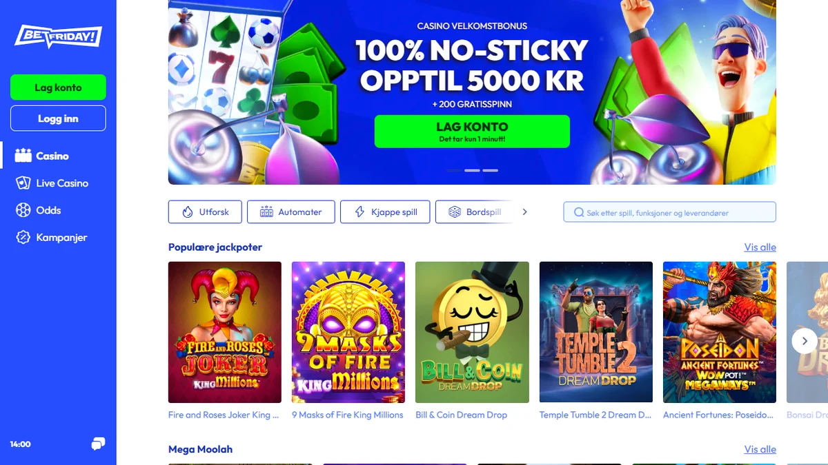 BetFriday jackpotlobby med Mega Moolah Dream Drop WOWPot og King Millions