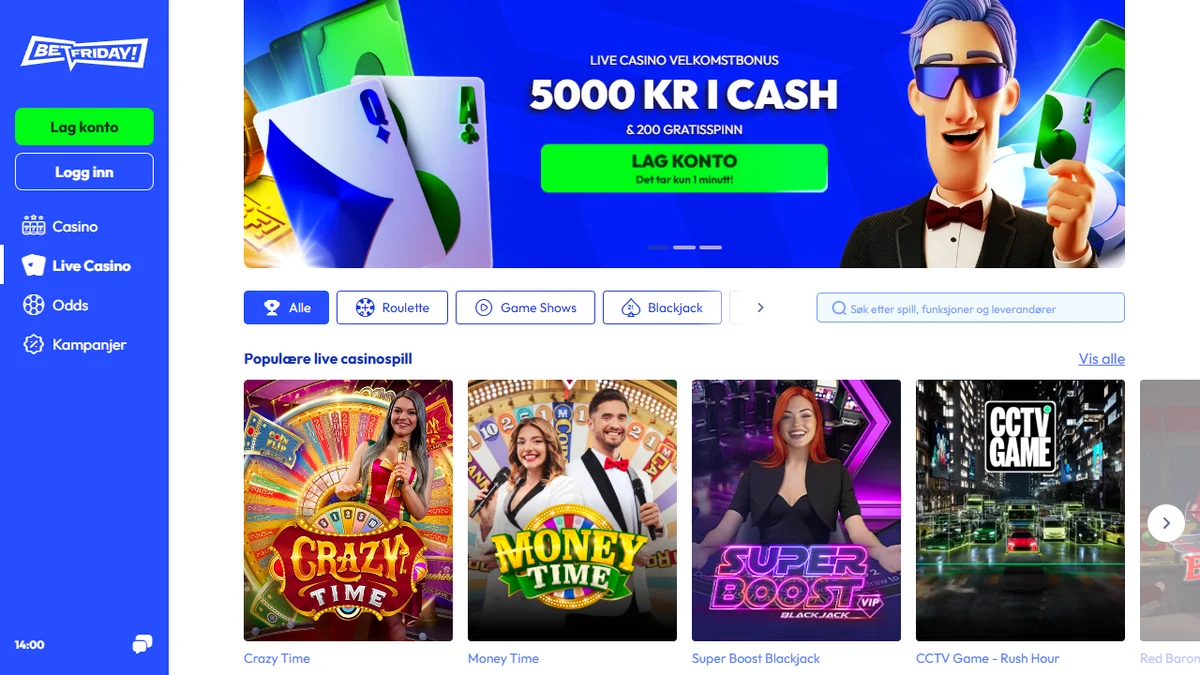 BetFriday live casino med bordspill og live-show