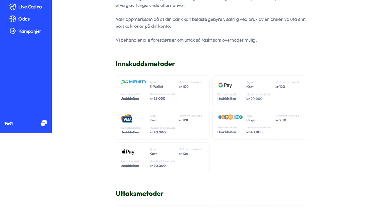 BetFriday betalingsmetoder med NOK innskudd og uttak