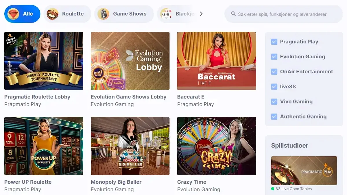 CasinoFriday live casino og leverandører