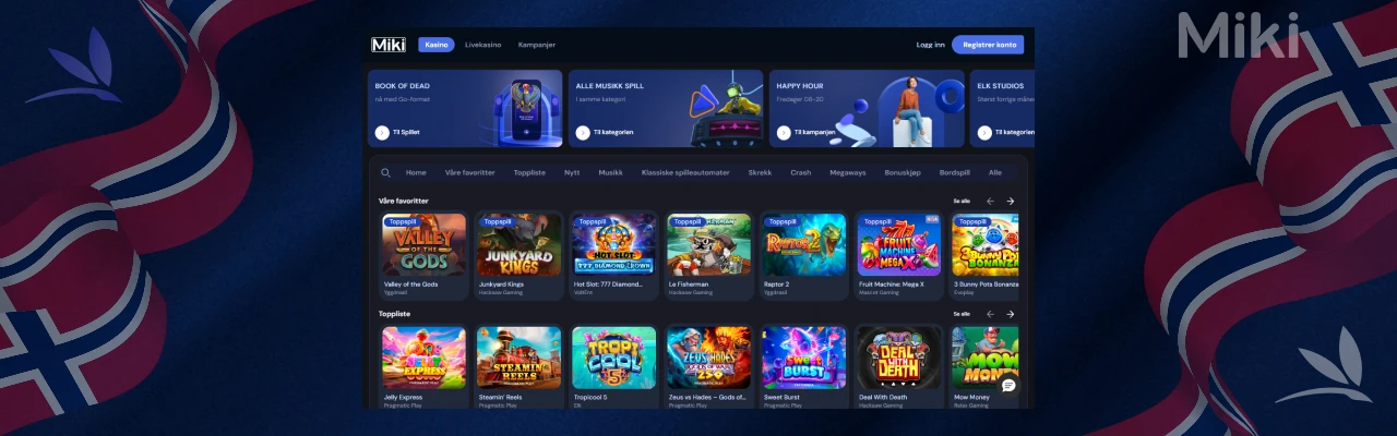 Miki Casino lobby med norske spill og jackpotautomater